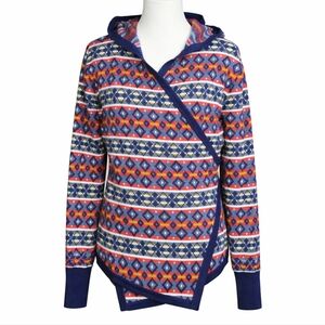 Betabrand Merino Wool Blend Colorful Geometric Strip Hooded Wrap Front Sweater